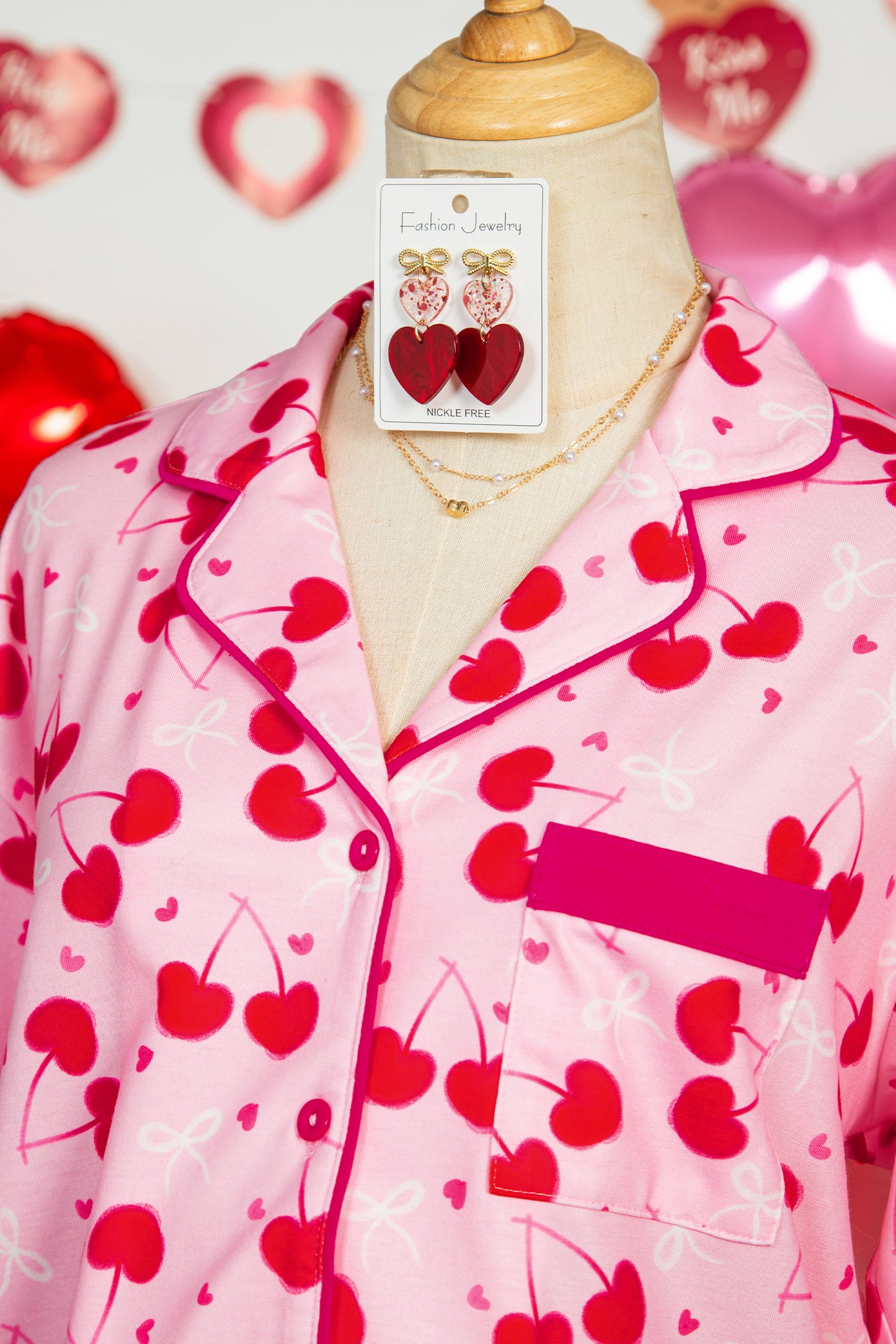 Rose Cherry Bow Mixed Print Scalloped Pajama Set