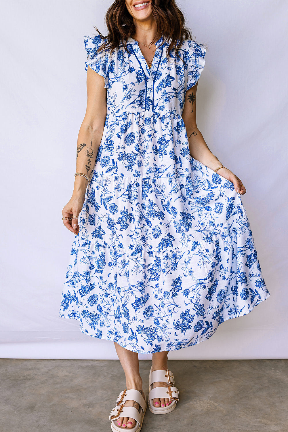 Blue Ruffled Short Sleeve Tiered Floral Midi Dress