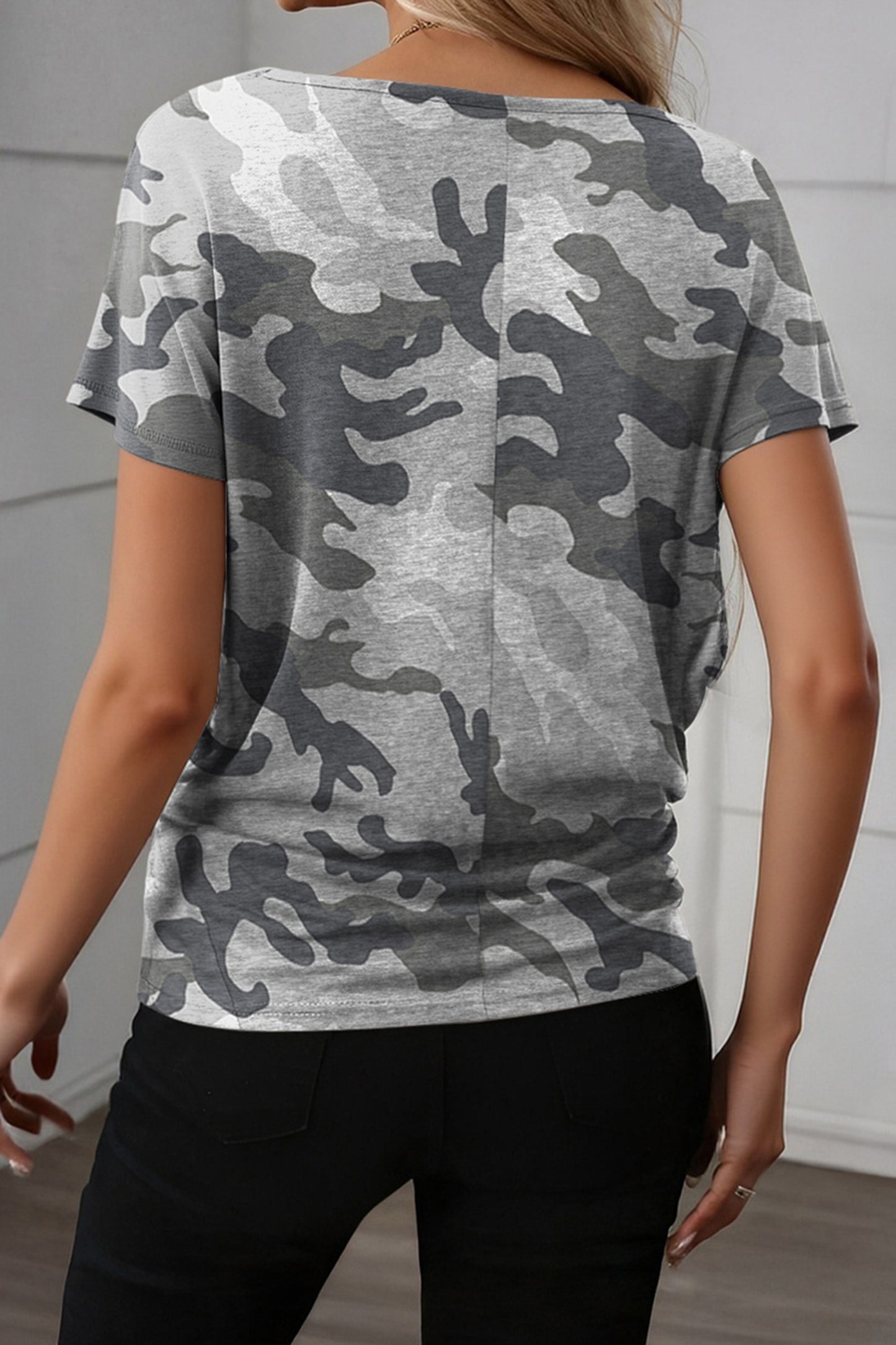 Gray Camouflage Print Round Neck T Shirt