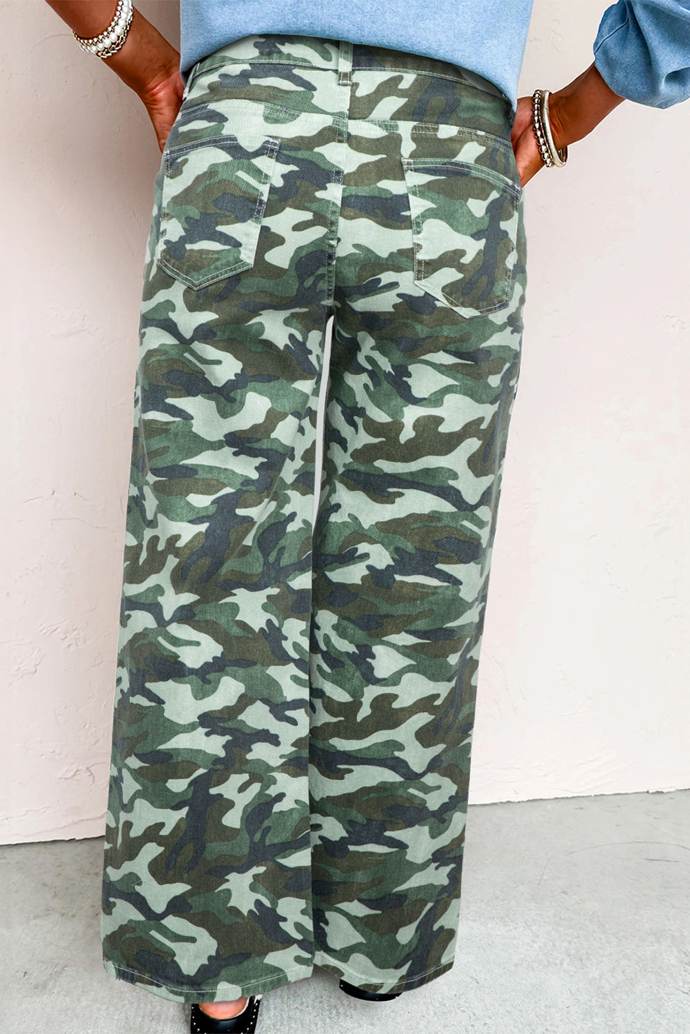 Green Camouflage Print Wide Leg Drawstring Denim Pants