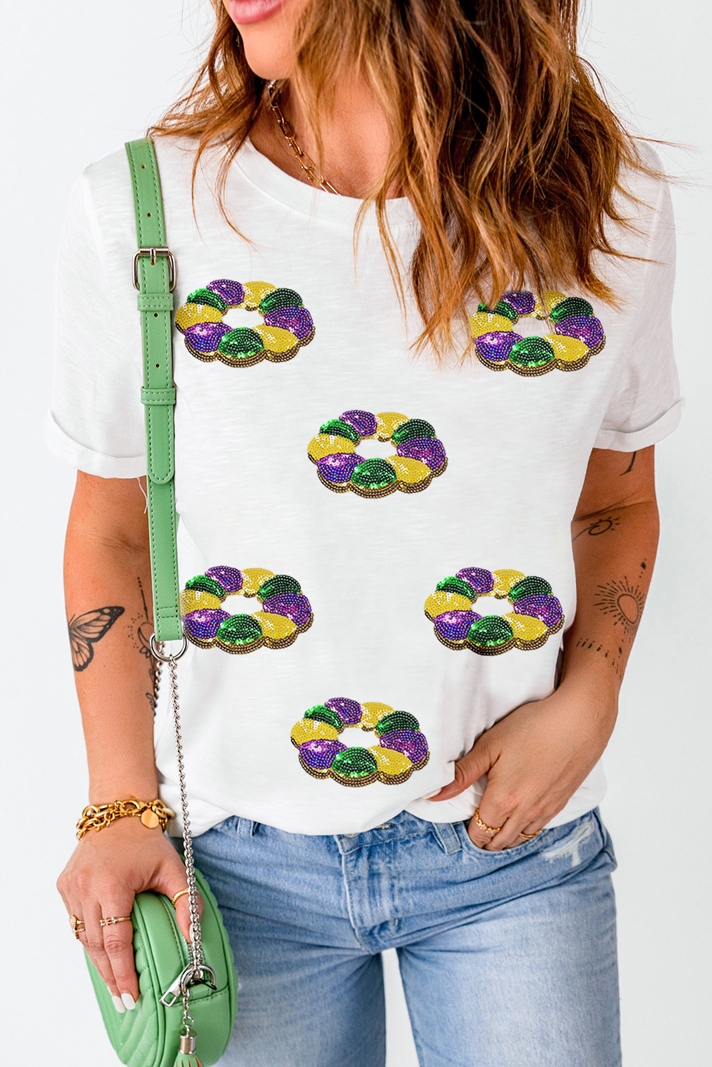 White Sequin Mardi Gras Crewneck Tee