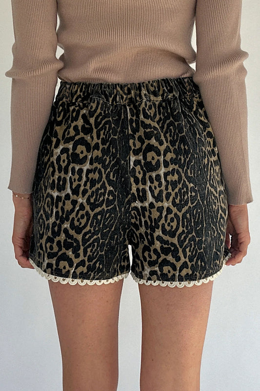 Khaki Contrast Scalloped Lace Trim Leopard Denim Shorts