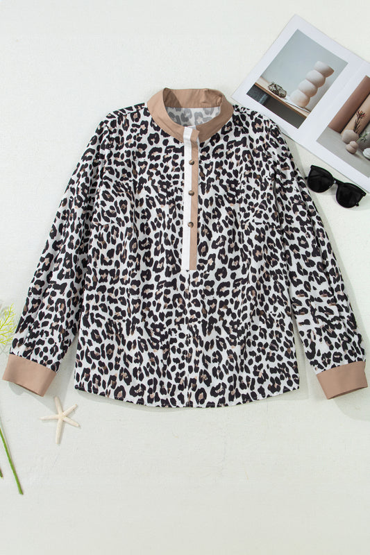 Multicolour Leopard Print Contrast Trim Button Split Neck Plus Long Sleeve Top
