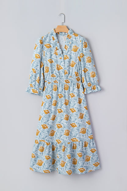 Brown Floral Printed Frilled V Neck Bracelet Sleeve Long Dress