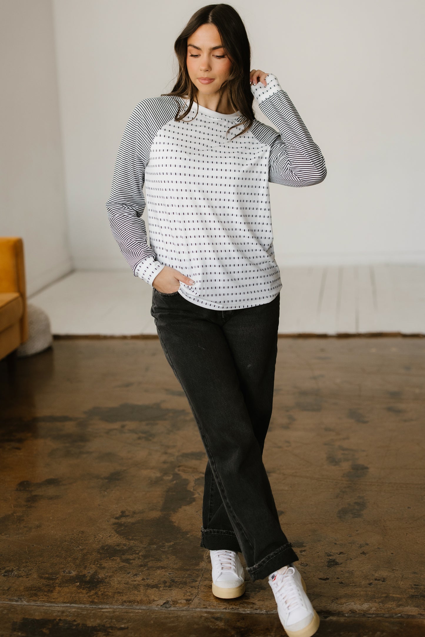 Black Stripe Raglan Patchwork Long Sleeve Tee