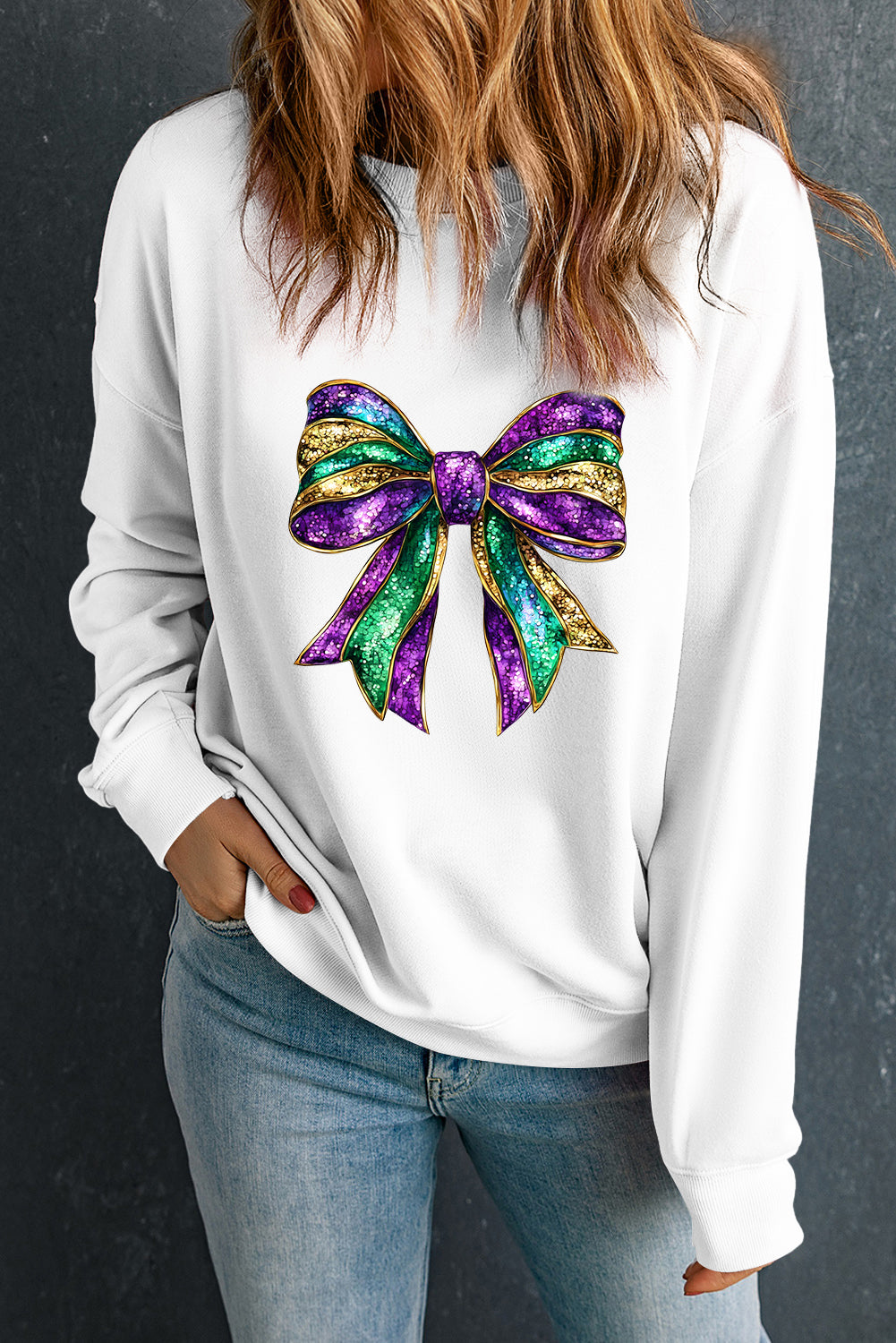 Mardi Bow Graphic Drop Shoulder Sweatshirt