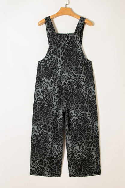 Gray Leopard Print Button Adjustable Straps Cropped Loose Denim Overalls