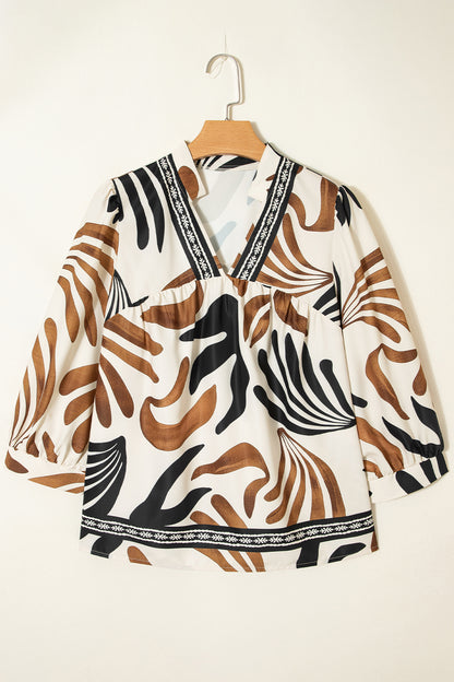Brown Abstract Puff Sleeve Blouse