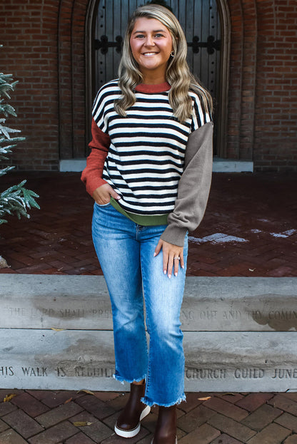 Gray Striped Panels Colorblock Sleeve Chic Sweater