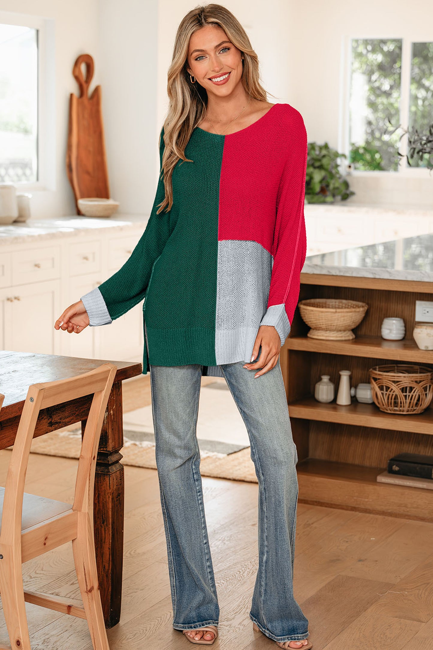 Evergreen Color Block Knit V Neck Loose Sweater