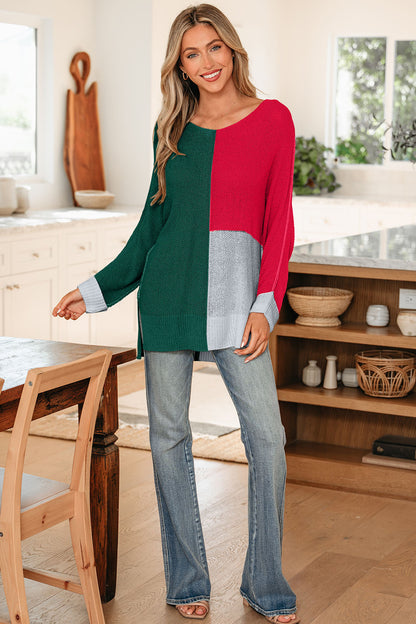 Evergreen Color Block Knit V Neck Loose Sweater