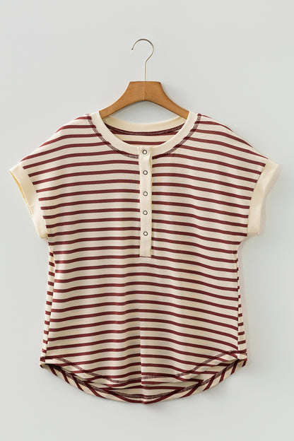 Red Stripe Half Buttons Round Neck T Shirt