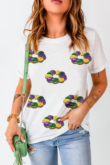 White Sequin Mardi Gras Crewneck Tee