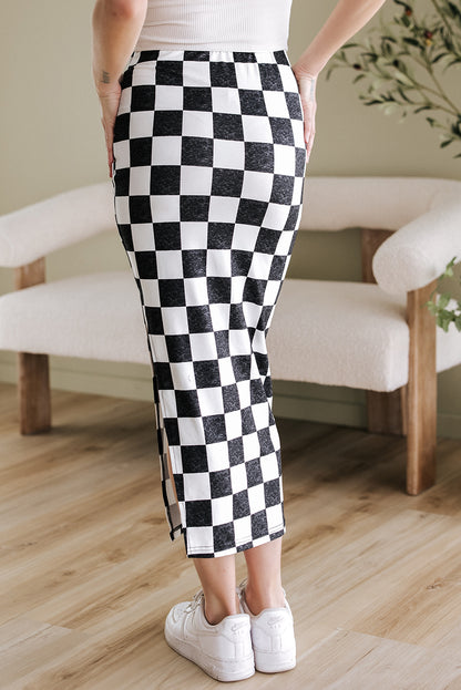 Dearlovers White Checkered Print Side Slit High Waist Midi Skirt