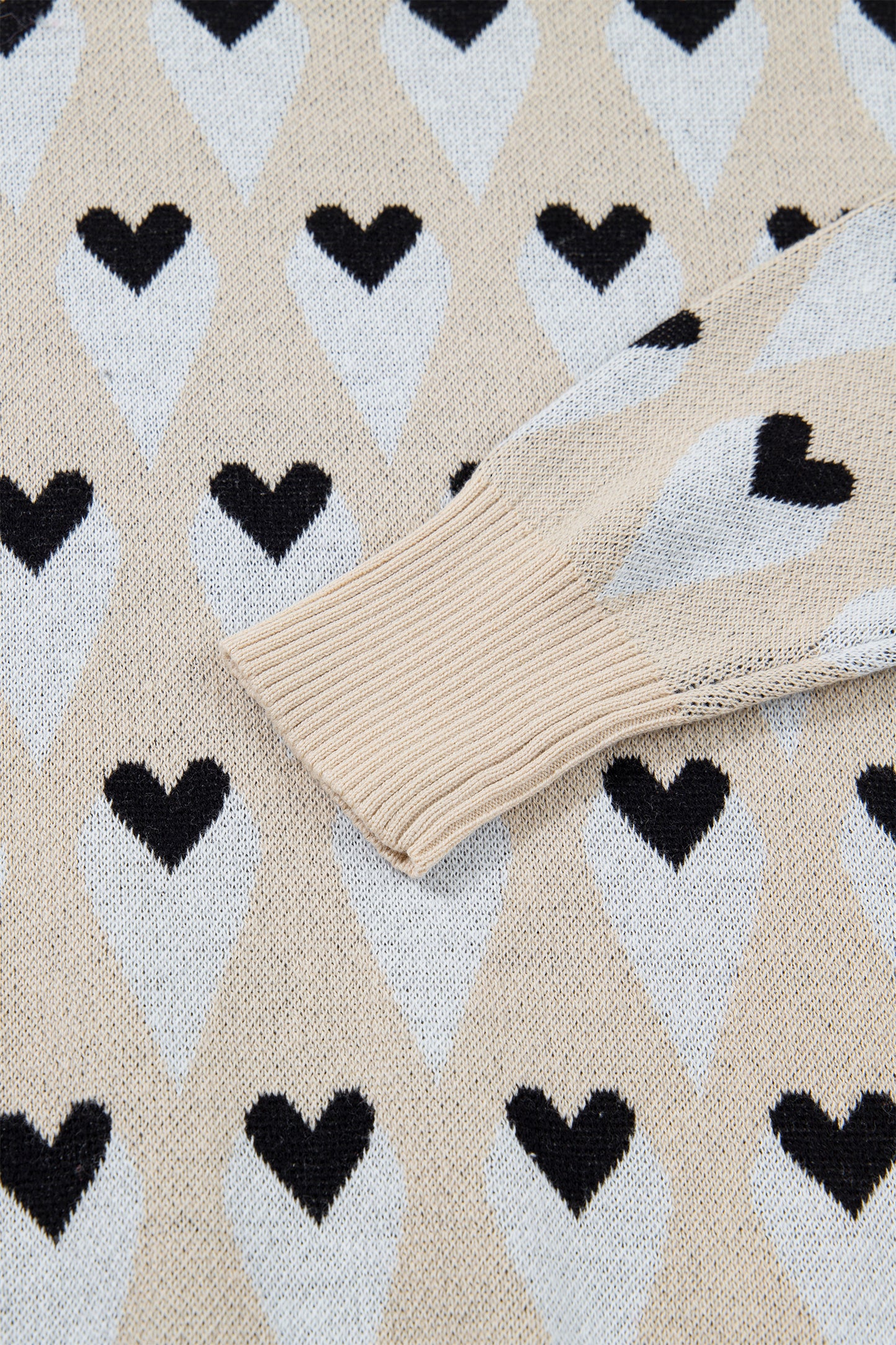 Parchment Geometric Heart Print Ribbed Trim Loose Sweater