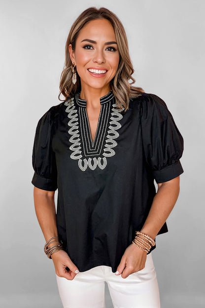 Black Short Puff Sleeve Contrast Embroidered Detail V Neck Blouse