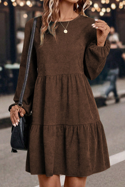 Dark Brown Lantern Sleeve Tiered Mini Dress