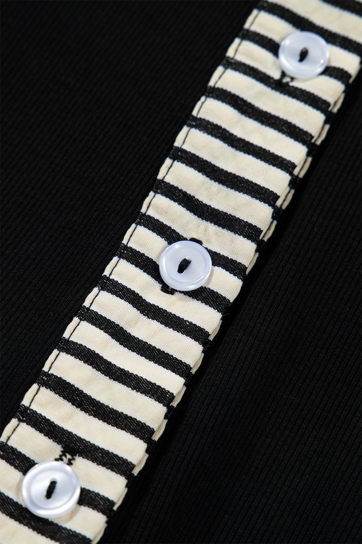 Black Stripe Detail Polo Collar Half Buttons Tied Short Sleeve Shift Mini Dress