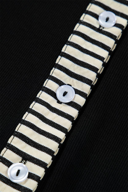 Black Stripe Detail Polo Collar Half Buttons Tied Short Sleeve Shift Mini Dress