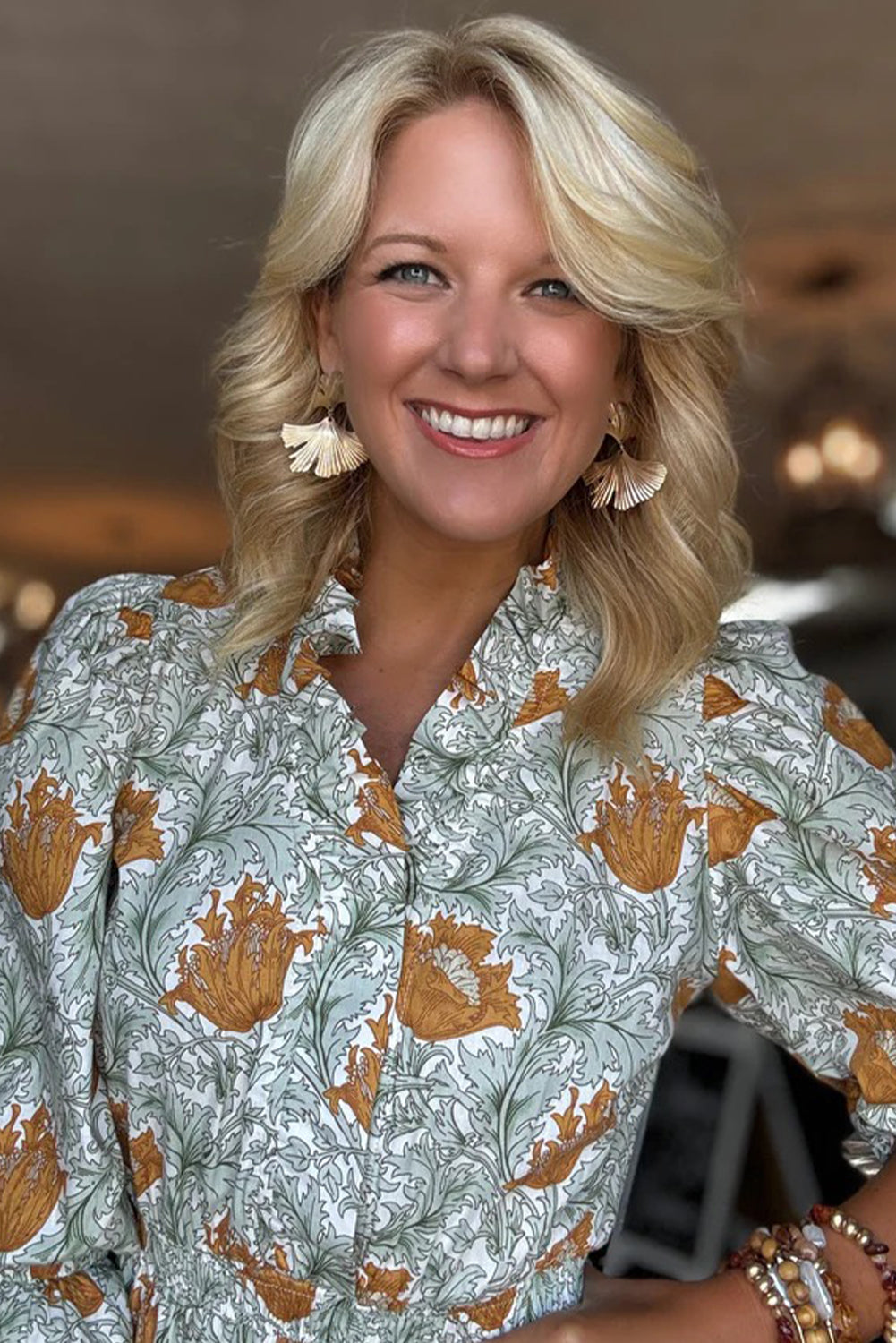 Brown Floral Printed Frilled V Neck Bracelet Sleeve Long Dress