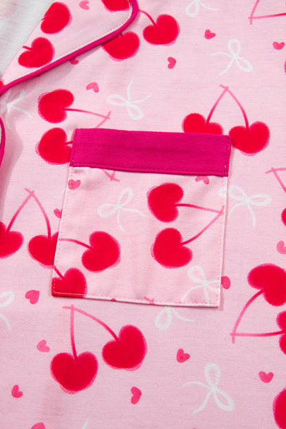 Rose Cherry Bow Mixed Print Scalloped Pajama Set