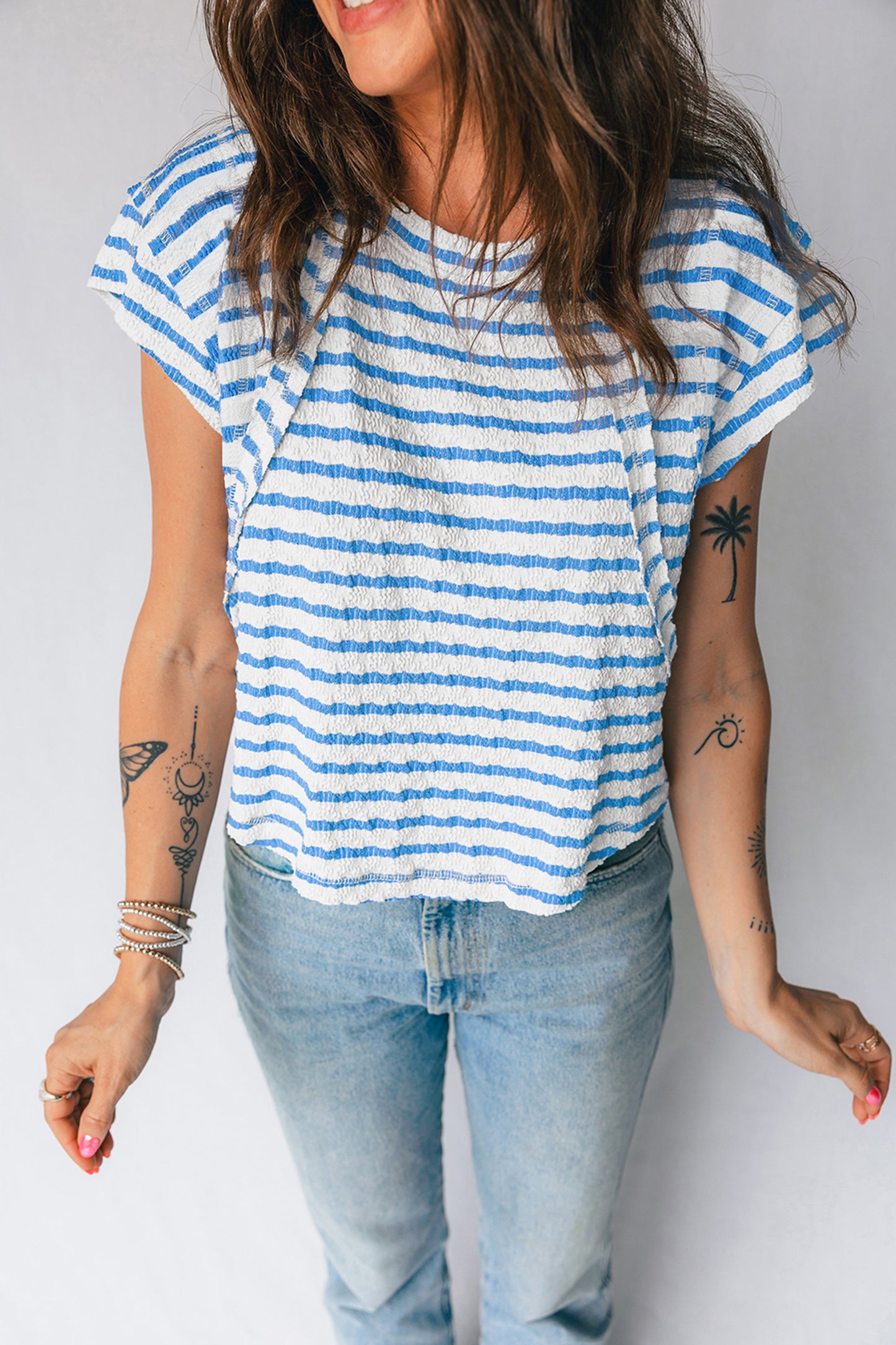 Blue Stripe Textured Short Sleeve Patchwork T Shirt