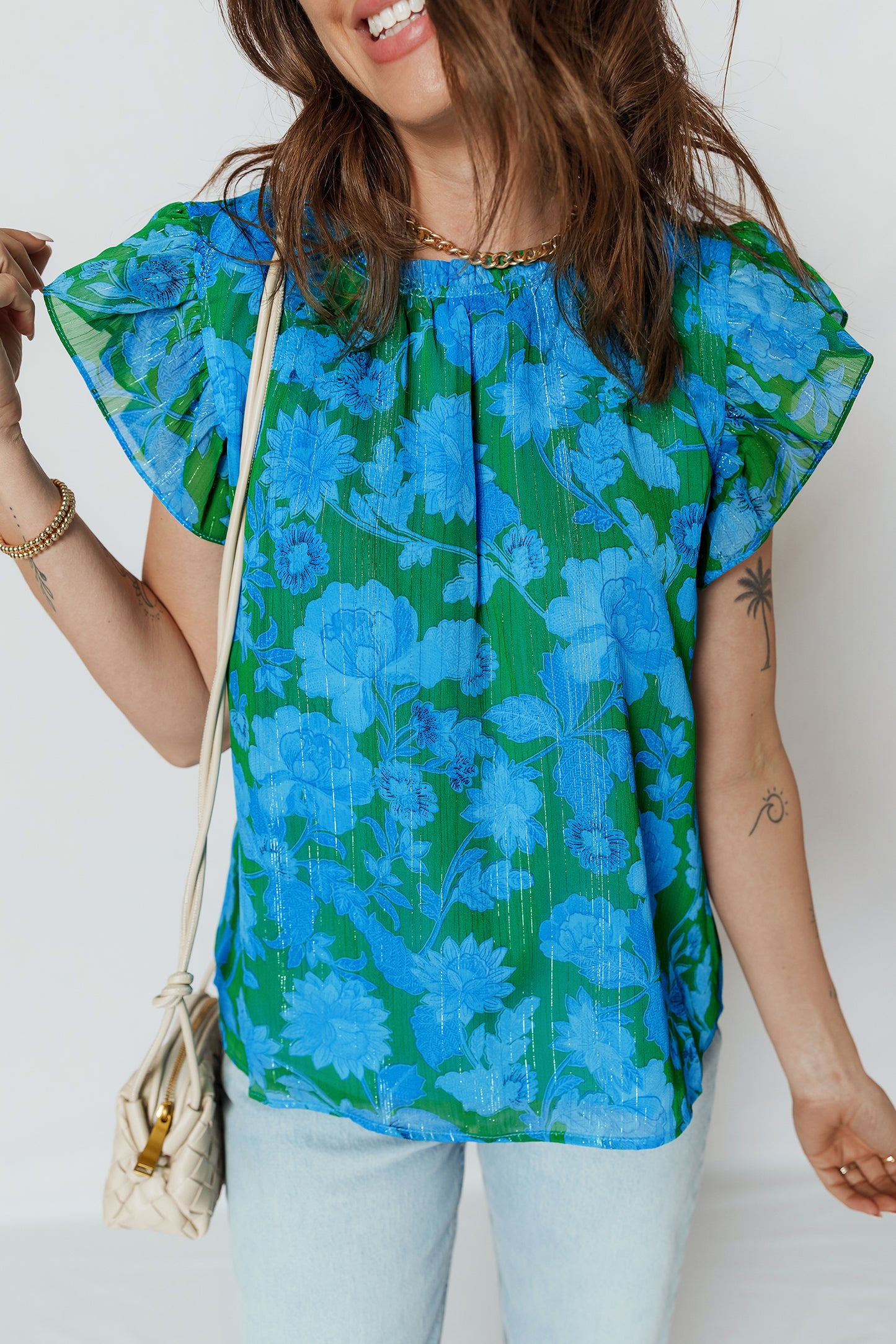 Green Floral Print Ruffled Sleeve Summer Blouse