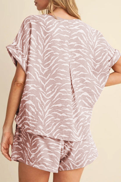 Khaki Abstract Print Cuffed Short Sleeve Loose Top Short Set