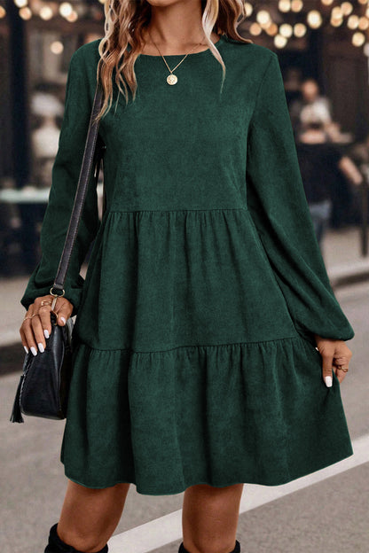 Mist Green Lantern Sleeve Tiered Mini Dress