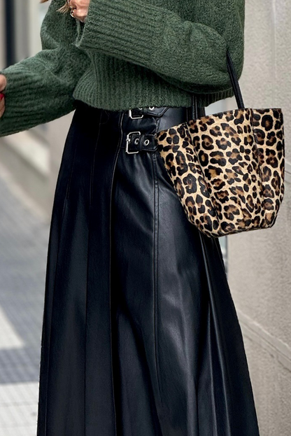 Black Faux Leather Retro Buckle Detail Pleated Stitch Flared Midi Skirt