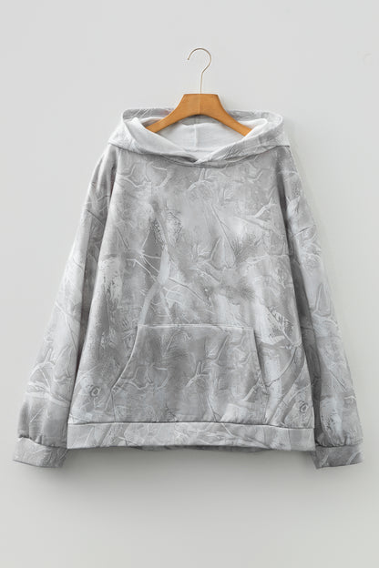 Gray Plus Size Camouflage Woodland Print Oversized Sporty Hoodie