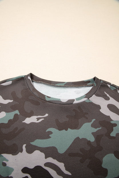 Green Camouflage Print Textured Drop Shoulder Long Sleeve Top