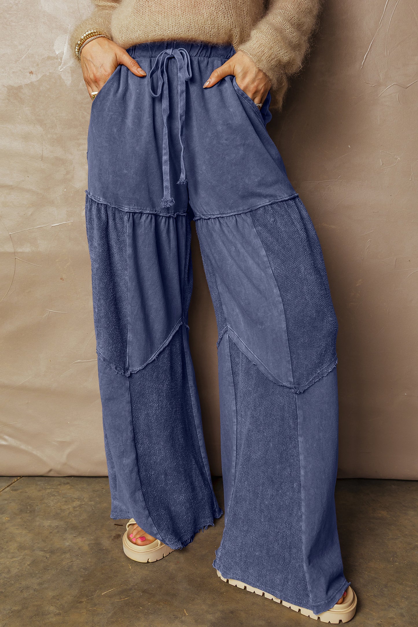 Ashleigh Blue Careys Mineral Wash Tiered Wide Leg Patchwork Drawstring Pants