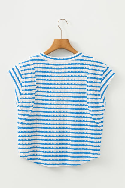 Blue Stripe Textured Short Sleeve Patchwork T Shirt