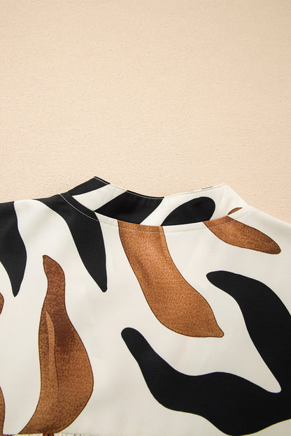 Brown Abstract Puff Sleeve Blouse