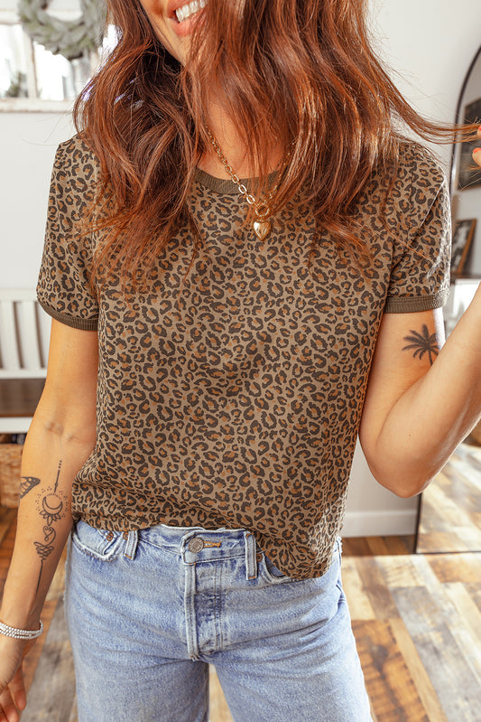 Khaki Fierce Leopard Crew Neck T Shirt