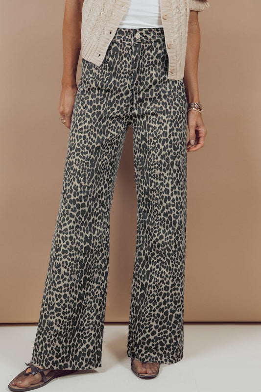 Black Leopard Print Wide Leg High Waist Jeans