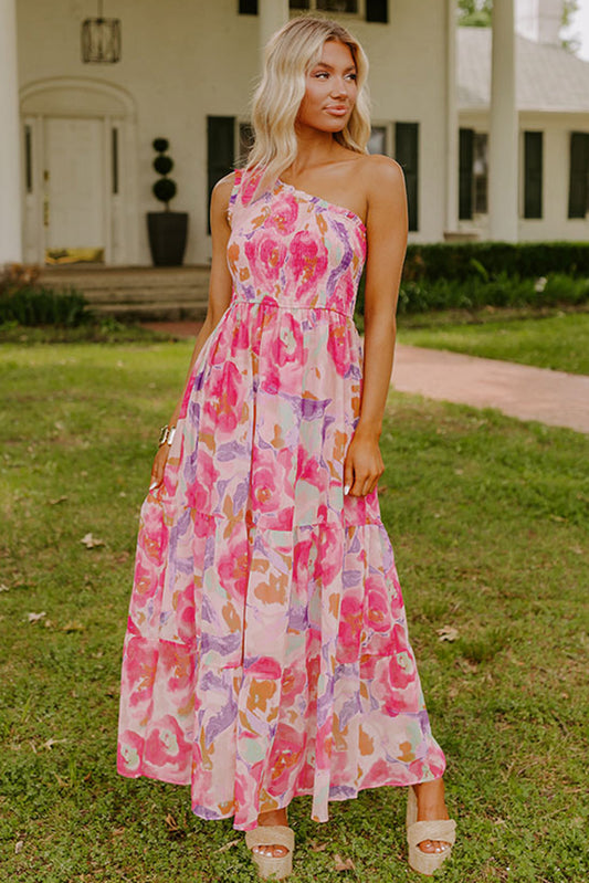 Rosewater One-Shoulder Shirred Maxi Dress