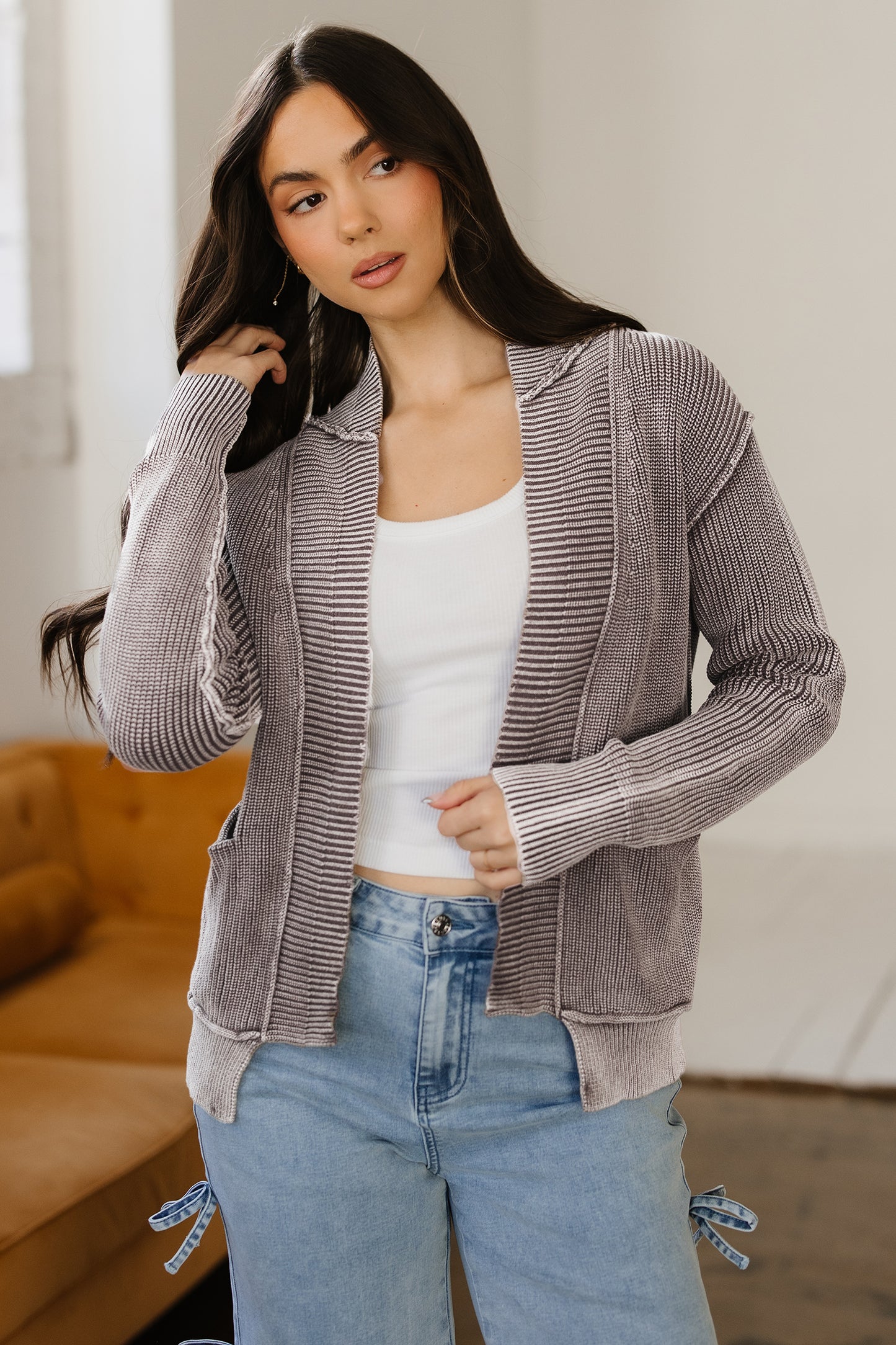 Dark Brown Mineral Wash Exposed Seam Patchwork Knit Open Sweater Cardigan