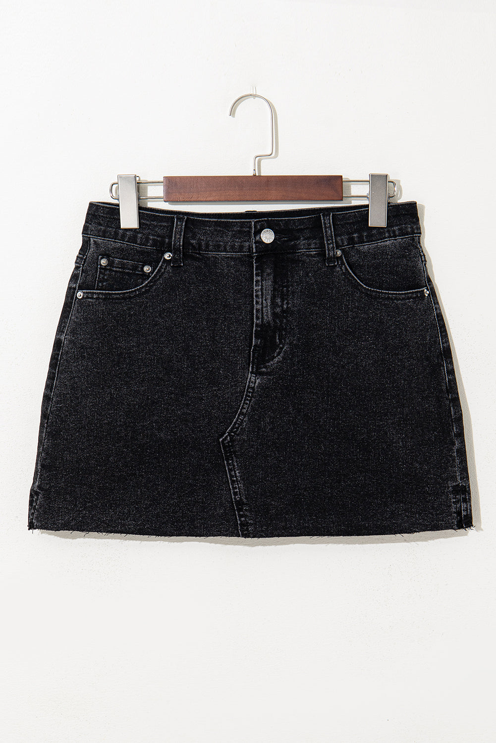 Carbon Grey Mineral Wash Ripped Raw Hem Denim Mini Skirt