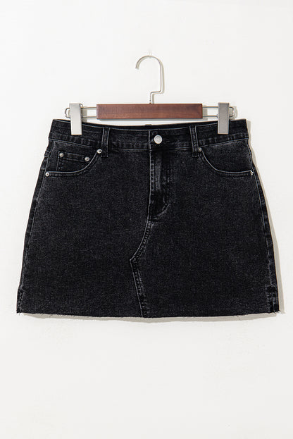 Carbon Grey Mineral Wash Ripped Raw Hem Denim Mini Skirt