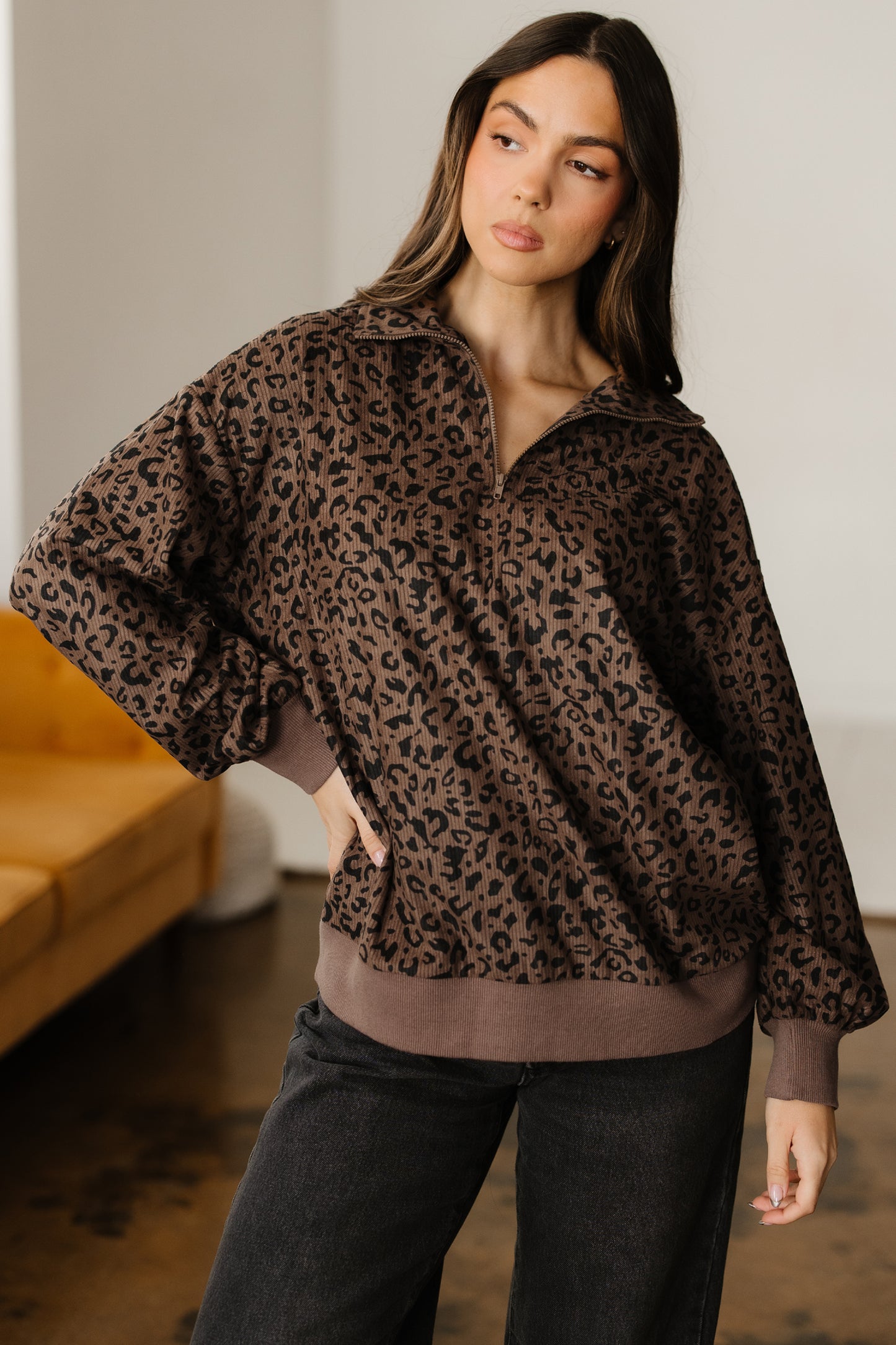 Brown Leopard Print Quarter Zip Corduroy Sweatshirt