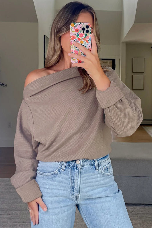 Old Rose Waffle Knit Asymmetric Neck Long Sleeve Top