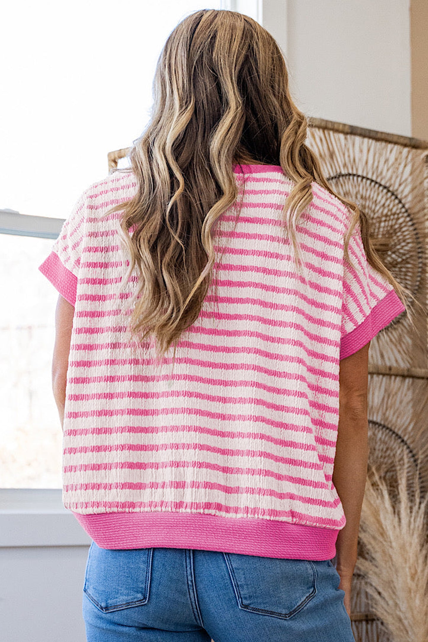 Pink Stripe Textured Knit Contrast Trim V Neck Short Sleeve Top