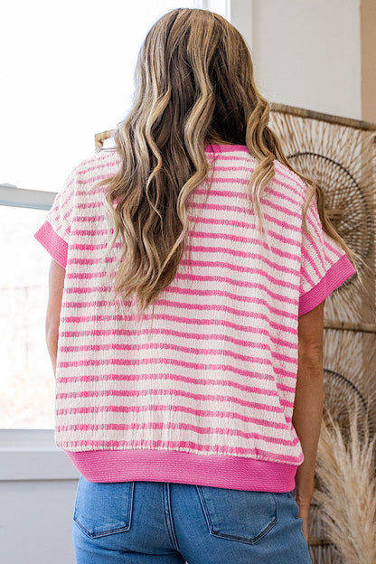 Pink Stripe Textured Knit Contrast Trim V Neck Short Sleeve Top