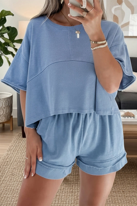 Sky Blue Contrast Textured Short Set