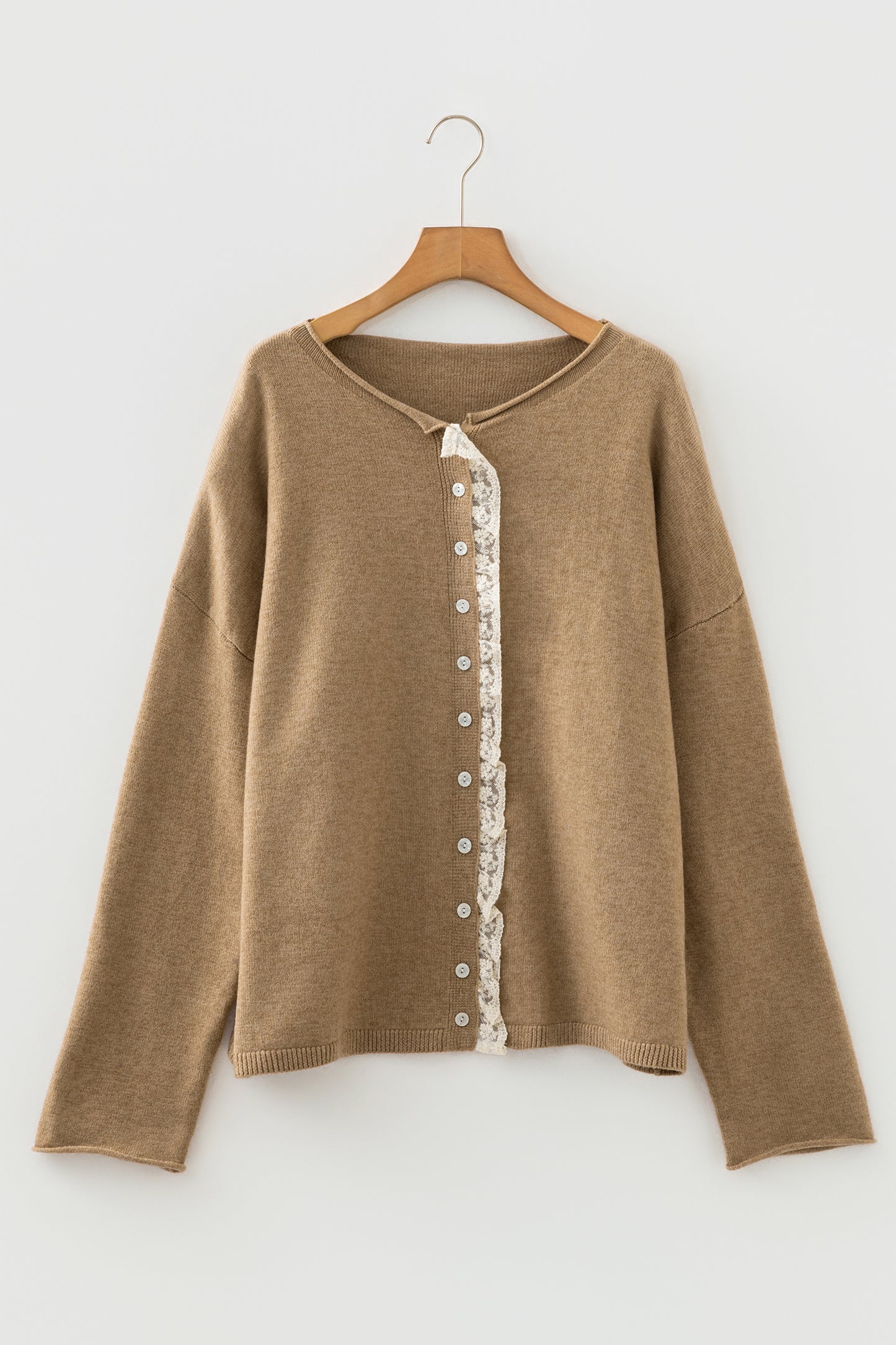 Simply Taupe Contrast Frilled Lace Trim Loose Cardigan Sweater