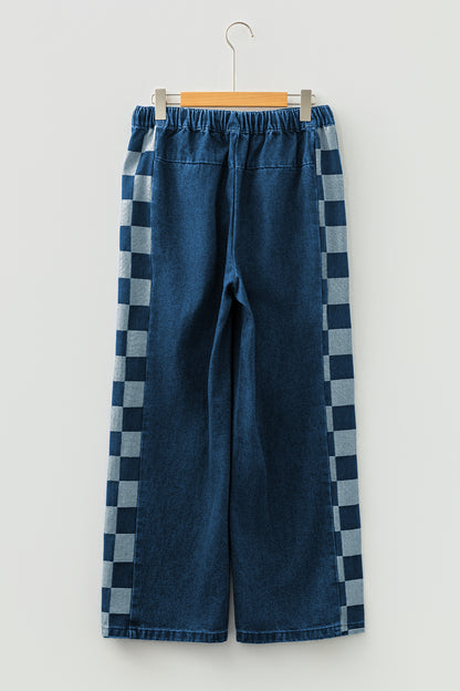 Sail Blue Checkered Side Panel Patchwork Drawstring Loose Denim Pants