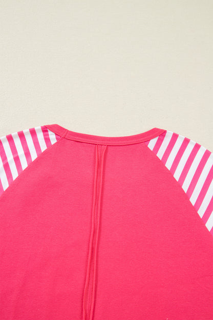 Strawberry Pink Heart Shape Striped Patchwork Long Sleeve Loose Top