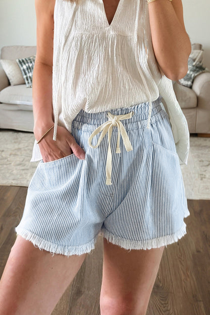 Sky Blue Stripe Raw Edge Drawstring Elastic Waist Casual Denim Shorts